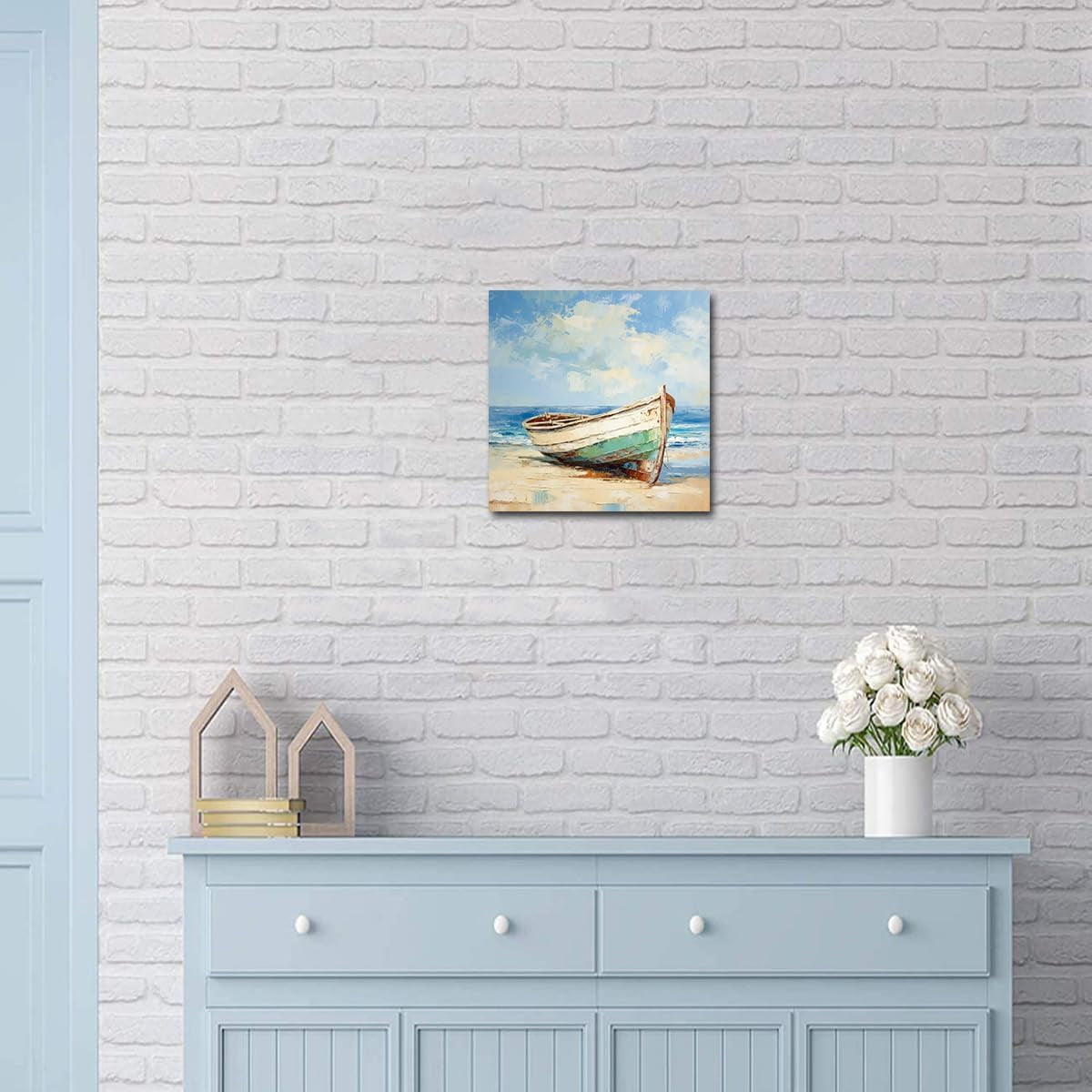 Rustic Boat Canvas Wall Art Beach Picture Coastal Wall Decor Prints for Bathroom Bedroom Farmhouse