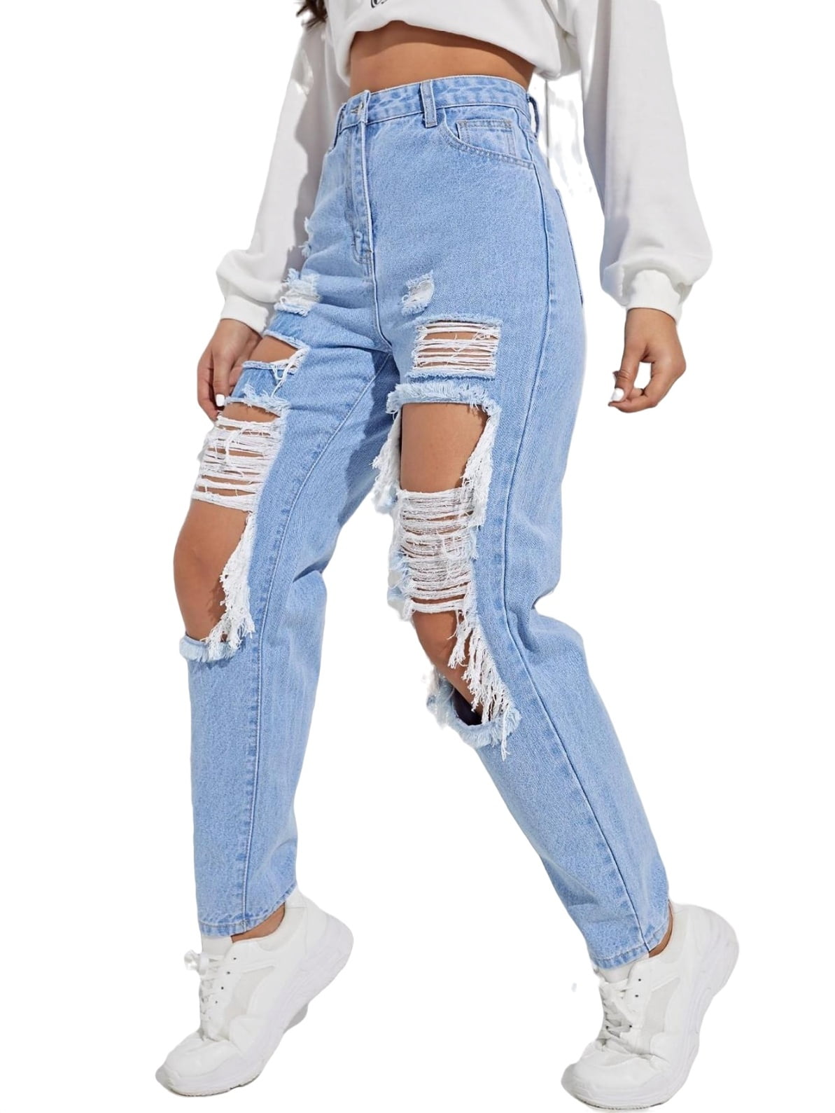 Women's High Waist Cut Out Ripped Frayed Straight Leg Jeans