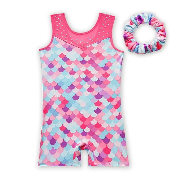 Mermaid Girls Leotards Gymnastics Sparkly Bead Mesh Dance Biketards Matching Hair Scrunchie Child 3-10 Years Old