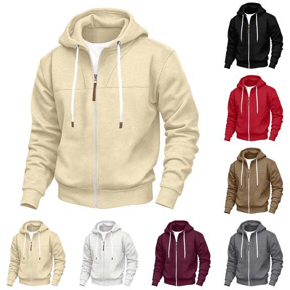 Men's Zip up Hoodie Solid Color Casual Long Sleeved Sweatshirt Soft Warm Fabric for Fall Winter Casual Wear
