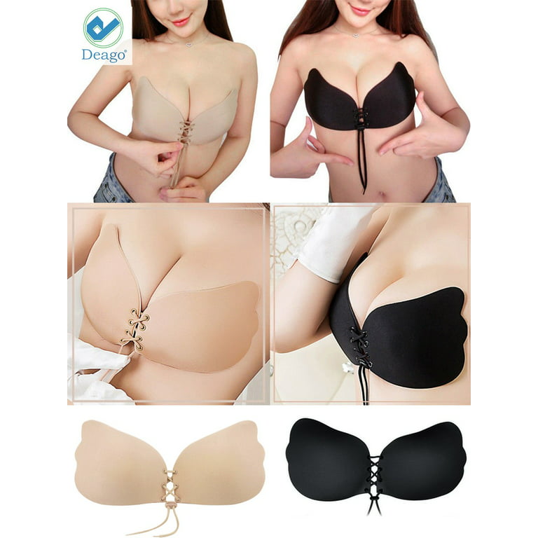 Deago Women's Backless Strapless Push Up Bra Silicone Self Adhesive  Invisible Bras (Cup C/D, Skin) 