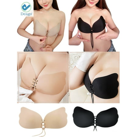 Deago 2pcs Women  s Strapless Invisible Bra Backless Self-Adhesive Push Up With Drawstring Sticky Bras  Cup D