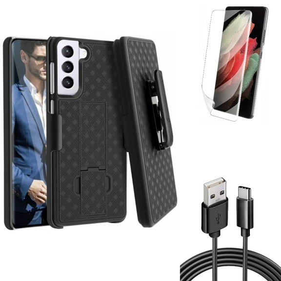 Matte Screen Protector w 6ft USB Cable w Case Belt Clip for Samsung Galaxy S21 Plus - TPU Film Anti-Glare, Type-C Charger Cord, Holster Swivel Accessory Bundle