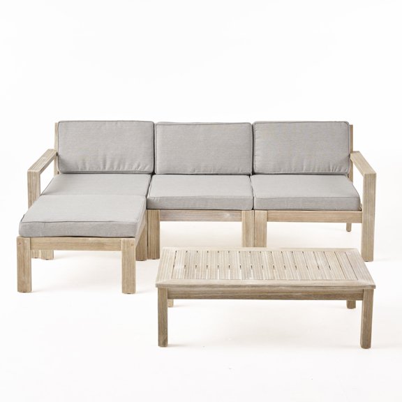 GDF Studio Makayla Ana Outdoor 3 Seater Acacia Wood Sectional Sofa Set, Light Gray