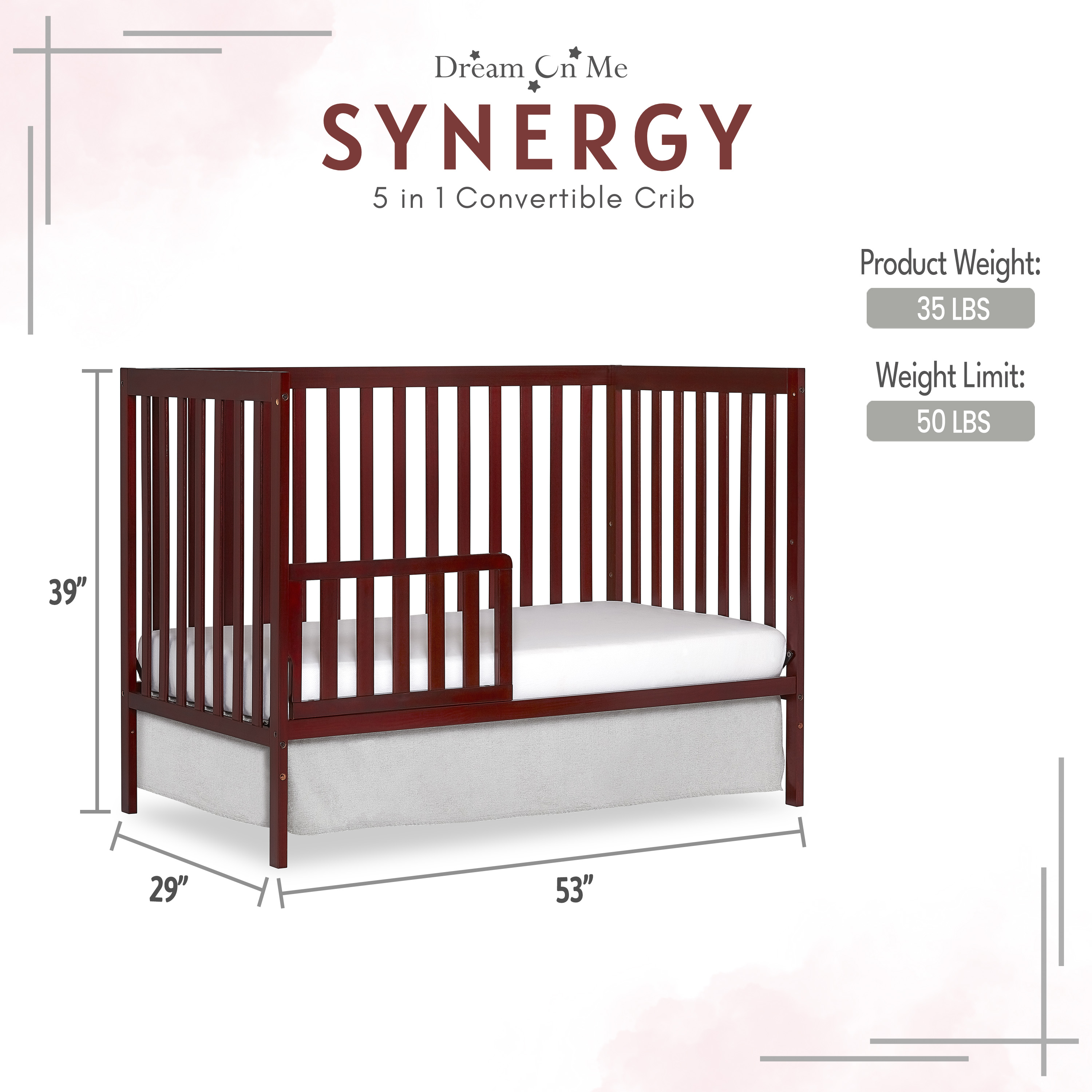 Dream On Me Synergy 5-in-1 Convertible Crib in Cherry, Greenguard Gold Certified - image 4 of 12