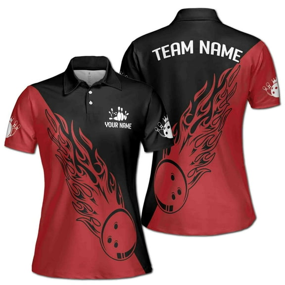 Personalized Black and Red Bowling Flame Pattern Grunge Women's Polo Shirt S-5XL