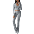 thumbnail image 2 of LYMAYTER Women Fashion Suit Long Sleeve V-Neck Sweatsuit Sets Fold Over Flare Pants Tracksuits Sets XS-XL, 2 of 9