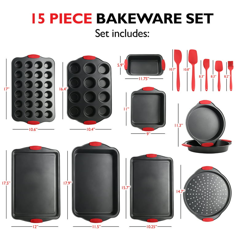 EatEx Nonstick Carbon Steel Bakeware Set - 15-Piece Baking Tray Set With  Silicone Handles - Oven Safe Cookie Sheets, Baking Pans, Cake Loaf, Muffins  