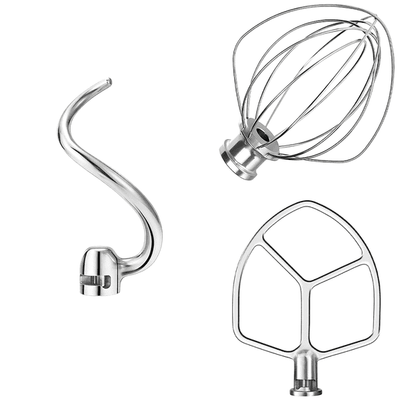 Cfweater Compatible with KitchenAid 5-6 Quart Bowl-Lift Mixer 3-Piece Attachment Set, Dough Hook, Flat Beater & 6-Wire Whisk, Stainless Steel, Dishwasher Safe.