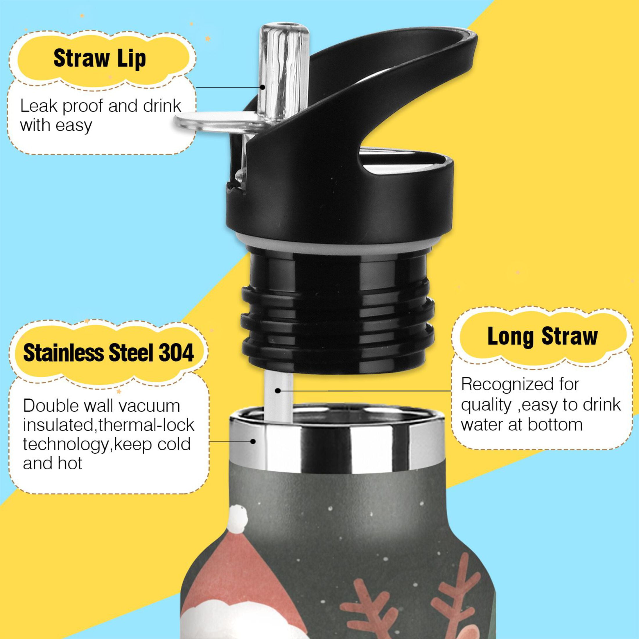 600ML Stainless Steel Insulated Cup Sports Water Bottle Portable Thermos Cup Water Glasses Insulated Tumblers Convenient and Durable Cute Santa Claus and Deer