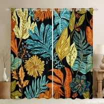 Manfei Tropical Plant Leaves Blackout Curtains Set of 2 (52x84 Each),Natural Botanical Window Curtains,Blue Orange Black Curtains and Drapes For Adults,Microfiber Bedroom Decor