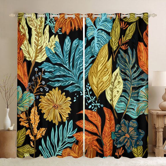 Manfei Tropical Plant Leaves Blackout Curtains Set of 2 (52x84 Each),Natural Botanical Window Curtains,Blue Orange Black Curtains and Drapes For Adults,Microfiber Bedroom Decor