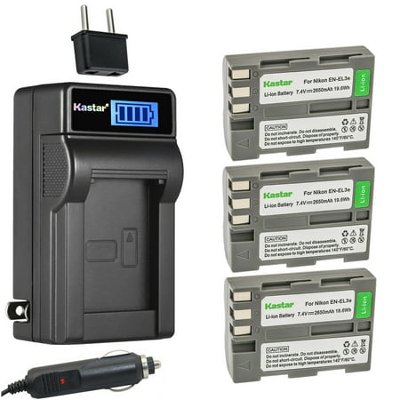 Kastar 3-Pack EN-EL3e Battery and LCD AC Charger Compatible with Nikon ENEL3e  ENEL3a  ENEL3 Battery  Nikon D700  Nikon D80  Nikon D90 Digital SLR Camera  Nikon MB-D10  Nikon MB-D80 Battery Grip