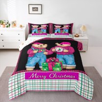 Manfei Christmas Bear Queen Comforter Set for Teen, Cartoon Stripes Buffalo Bedding Sets, Happy New Year Reversible Bedding Comforter Set, Super Cozy Room Decor, 3-Piece