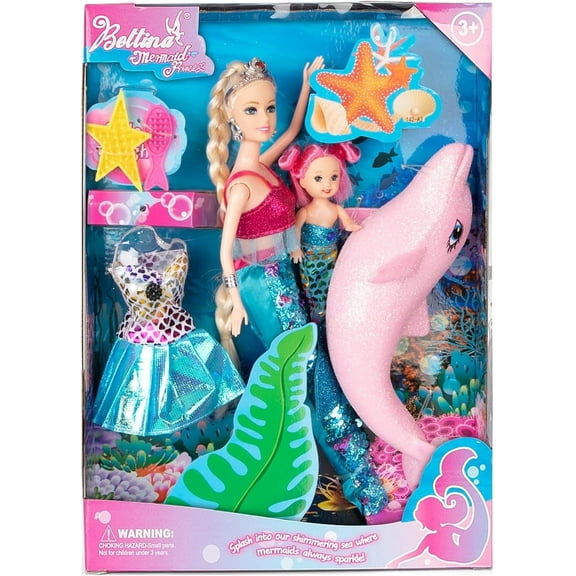 Yellow River Mermaid Princess Doll Set with Doll Clothes and Dolphin, Pink