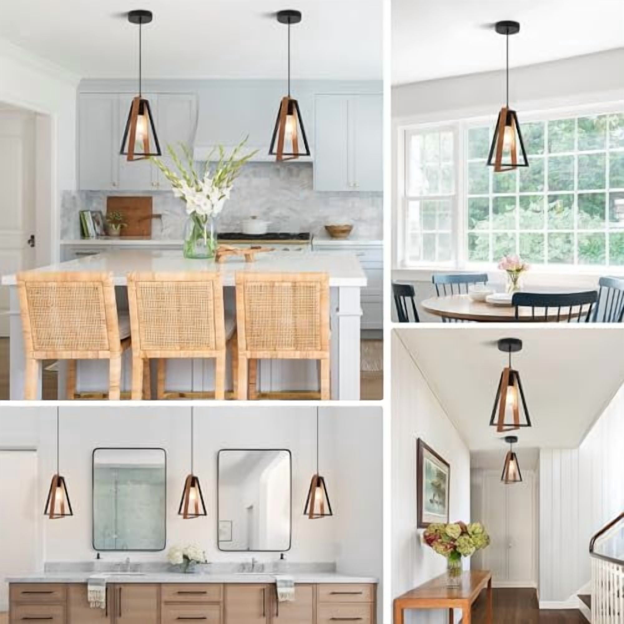 Farmhouse Rustic Wood Pendant Lights Kitchen Island Industrial Black Matte Pendant Lighting Adjustable Rustic Mini Wooden Hanging Light Fixtures for Dining Room Foyer Hallway MPL28