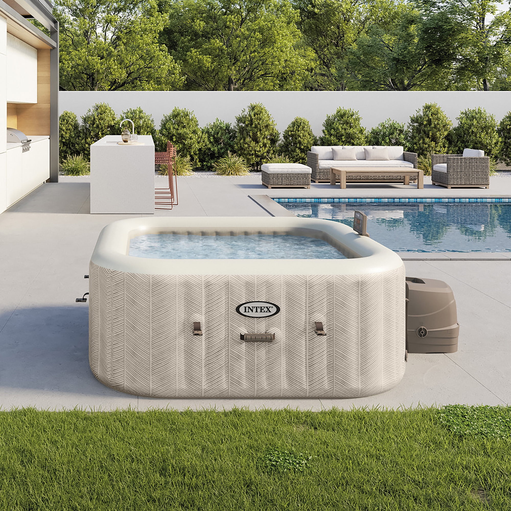 Intex: PureSpa: Chevron Deluxe Inflatable Hot Tub Set - 4 Person - 69" Square Outdoor Heated Bubble Spa, Jet Massage, Cover, Hard Water Treatment