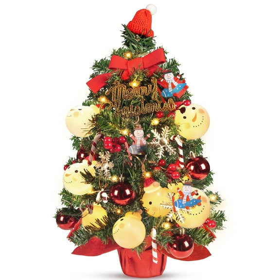 Qunler 24inch Tabletop Christmas Tree with Led Hanging Lights Desktop Mini Xmas Tree Decoration, Red