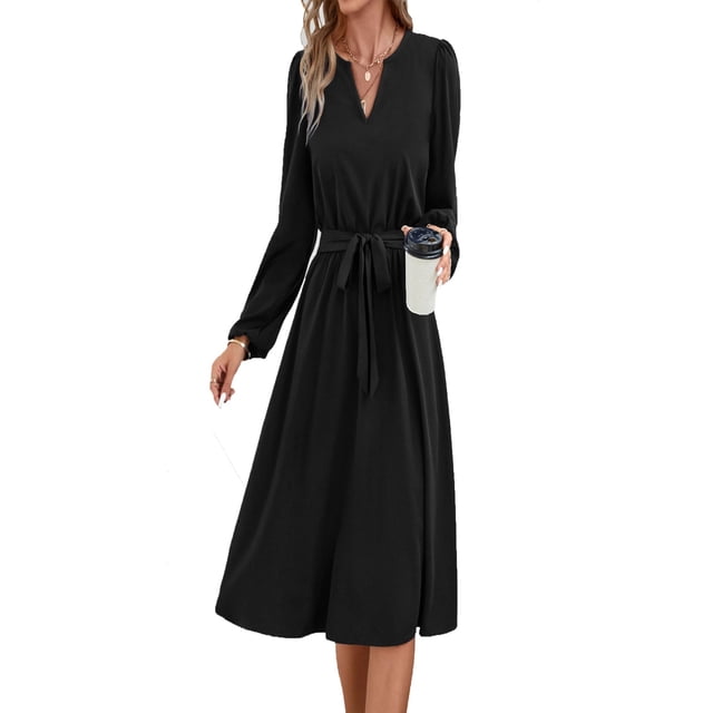 Vestidos de mujer vestido midi manga larga cuello en V túnica vestido elegante