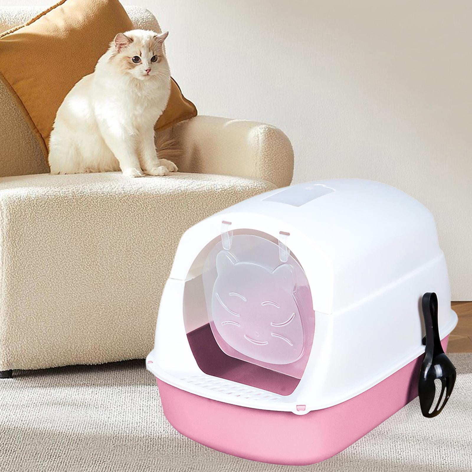 Hooded Cat with Lid Enclosed Cat Toilet Reusable Cat Litter Tray - Pink