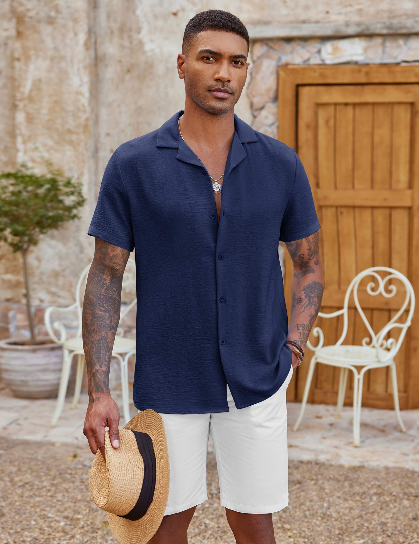 COOFANDY Mens Cuban Guayabera Shirts Short Sleeve Linen Shirt Loose Fit Camp Collar Shirt