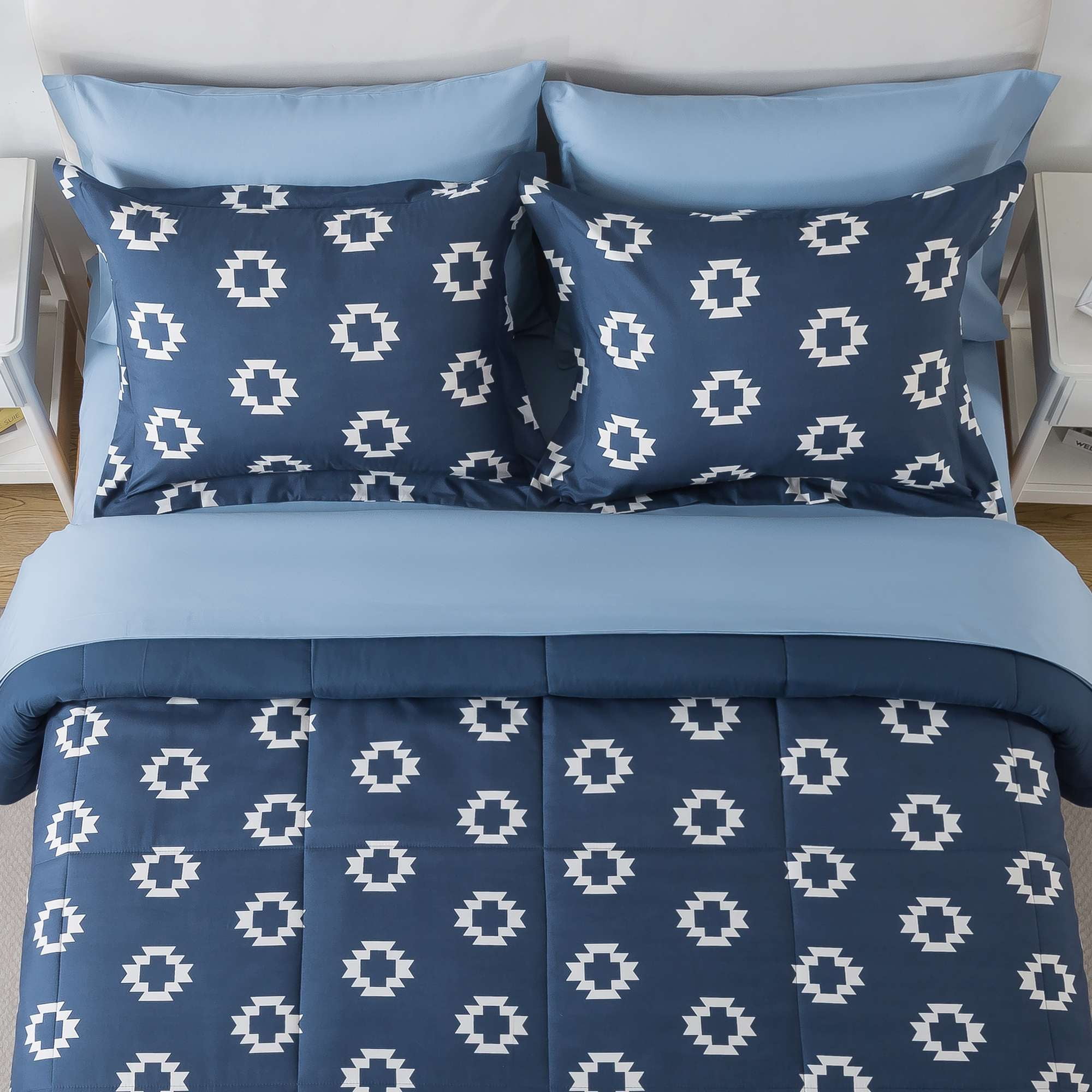 Mainstays All in One Reversible Comforter and Sheet Set, 7-Piece, Queen, Navy Geo