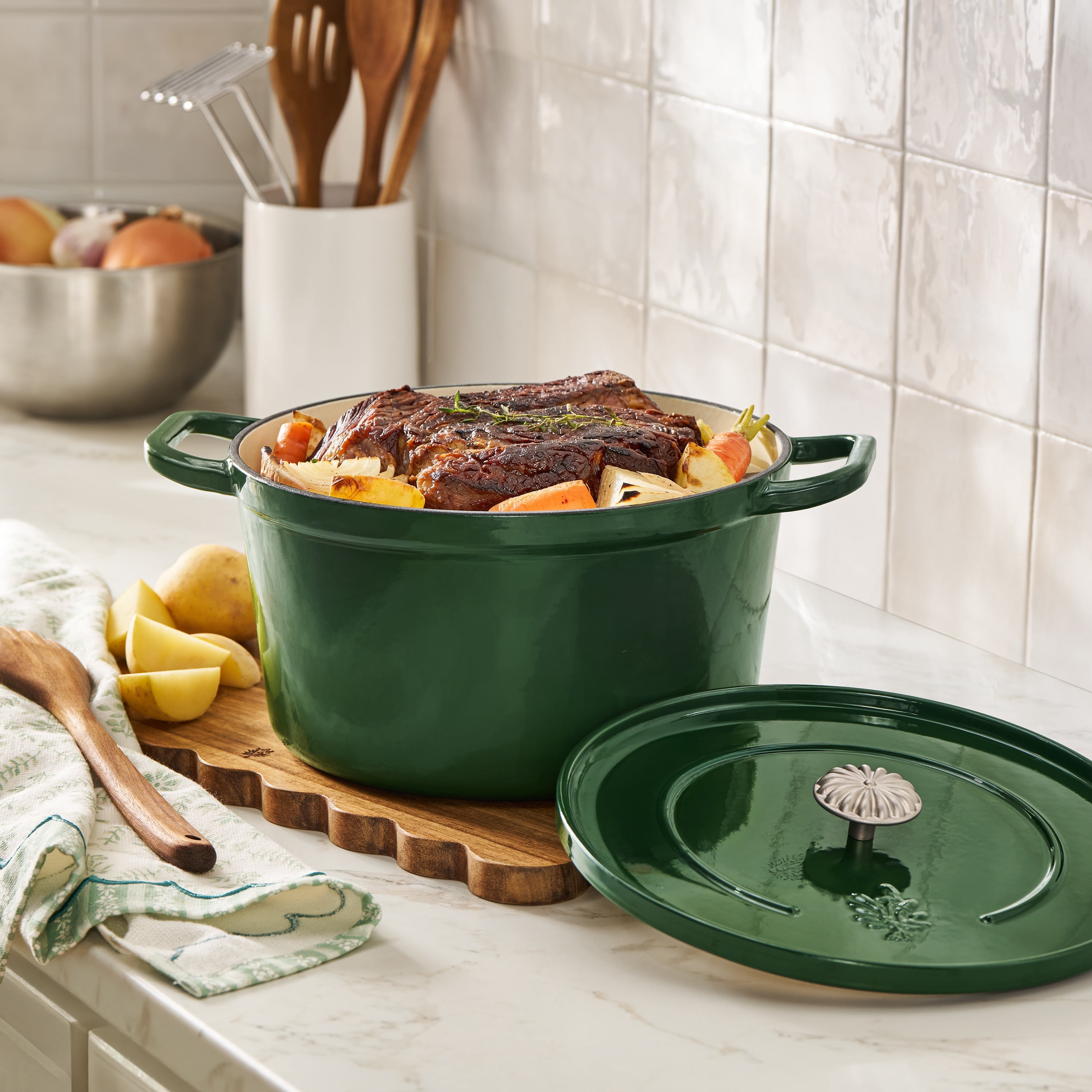 The Pioneer Woman 7-Quart Enameled Cast Iron Dutch Oven with Lid, Dark Green