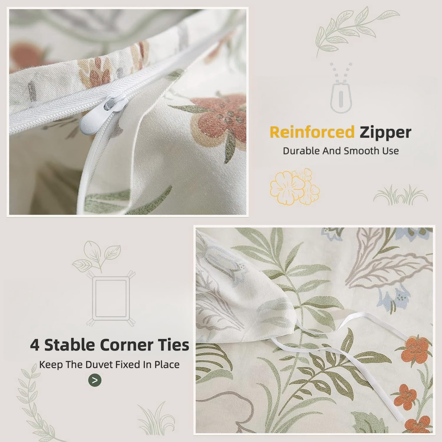 NAYOROOM Green Leaves Duvet Cover King, 3 Pieces Chic Garden Style Botanical Floral Reversible Bedding Sets for Adults