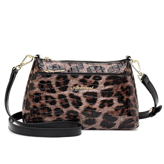 Genuine Leather Shoulder Bag, Women's Leopard Print Croc Embossed Underarm Crossbody Purse
