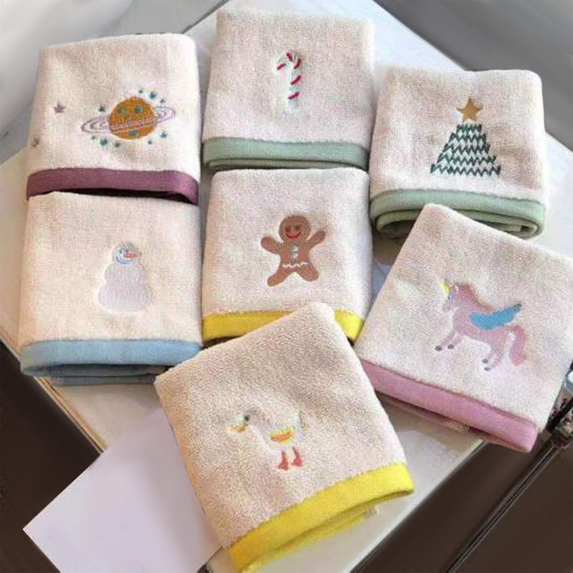 Unique Bargains Cute Cartoon Pattern Decorative Hand Towels Beige-Universe 4-Piece