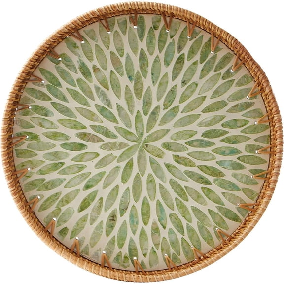Round Rattan Tray with Mother of Pearl Inlay – Wooden Base Serving Tray, Decorative Wicker Basket for Table Decor, Storage and Display for Coffee, Bread, Food, Fruit – Leaf Design