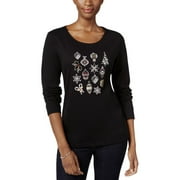 Karen Scott Womens Petites Cotton Embroidered Pullover Sweater