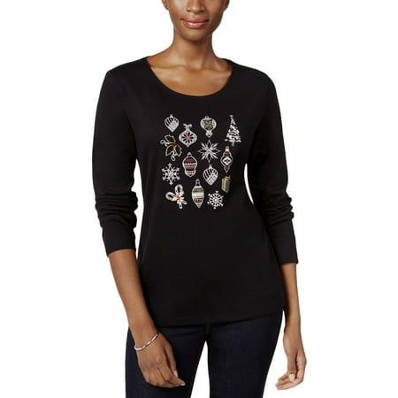 Karen Scott Womens Petites Cotton Embroidered Pullover Sweater