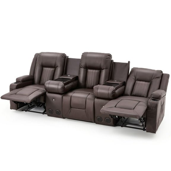 YODOLLA Reclining Sofa with 2 Console&Bluetooth Speakers, Manual RV Recliner Couch with USB Ports&4 Cup Holders, 2 Side Pockets Recliners on Clearance Home Theater Seating, Fuax Leather, Brown