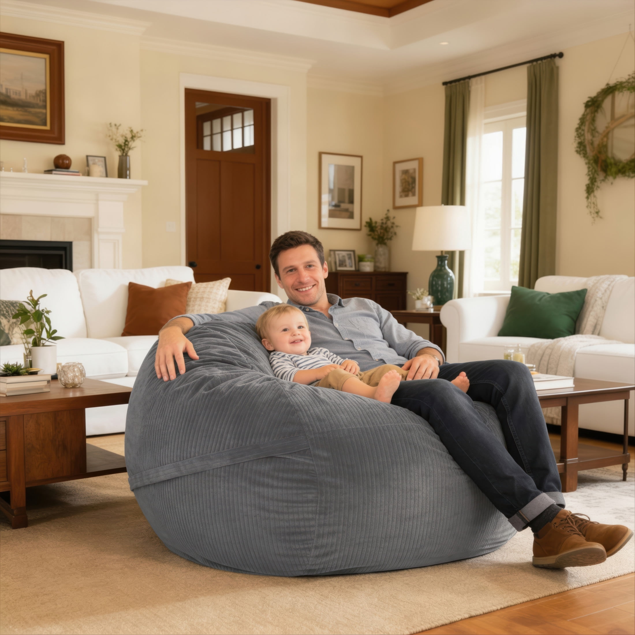 Luna 5 Foot X-Large Bean Bag Chair – Oversized Foam Lounger for Adults & Kids, Plush Corded Faux Fur, Grey