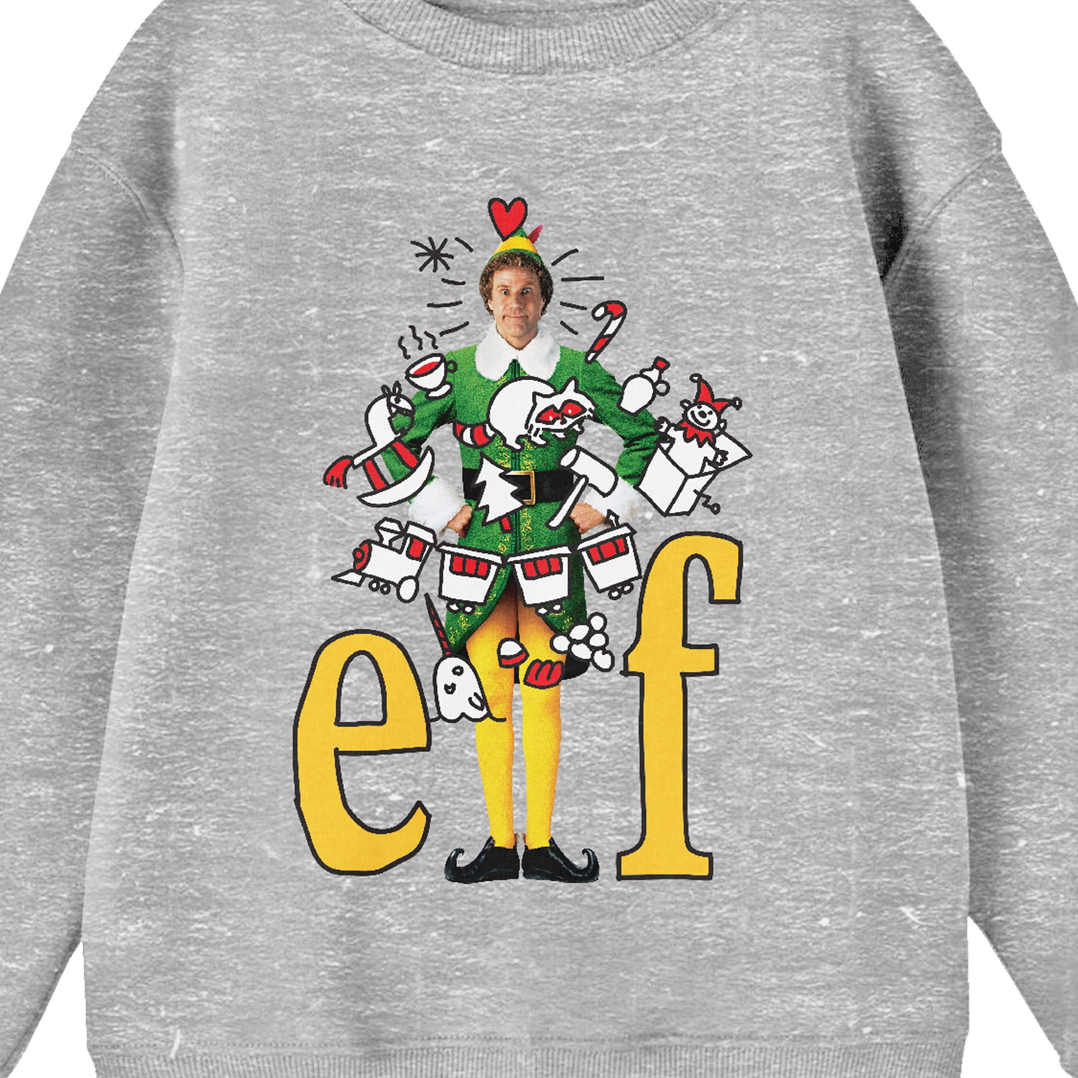 Elf Doodle on Buddy With Title Logo Youth Heather Gray Crew Neck Sweatshirt-XL