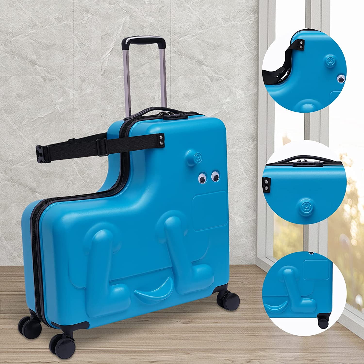 24 Inch Children's Ride-On Trolley Luggage Portable Universal Wheel Luggage ABS+PC Waterproof Unisex Boys Girls Travel Suitcase with Lock Rideable Luggage Aged 6-12 Years Old 