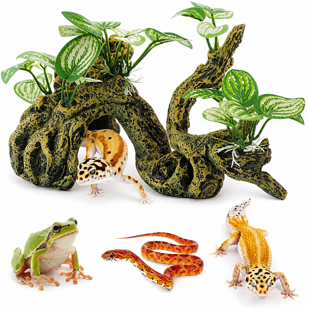 FURVENA Resin Branch for Reptile Tank,Crested Gecko Climbing Branches with Hideout Cave Bearded Dragon Tank Accessories Lizard Terrarium Habitat Plant Decorations for Snake Gecko Spider Frog