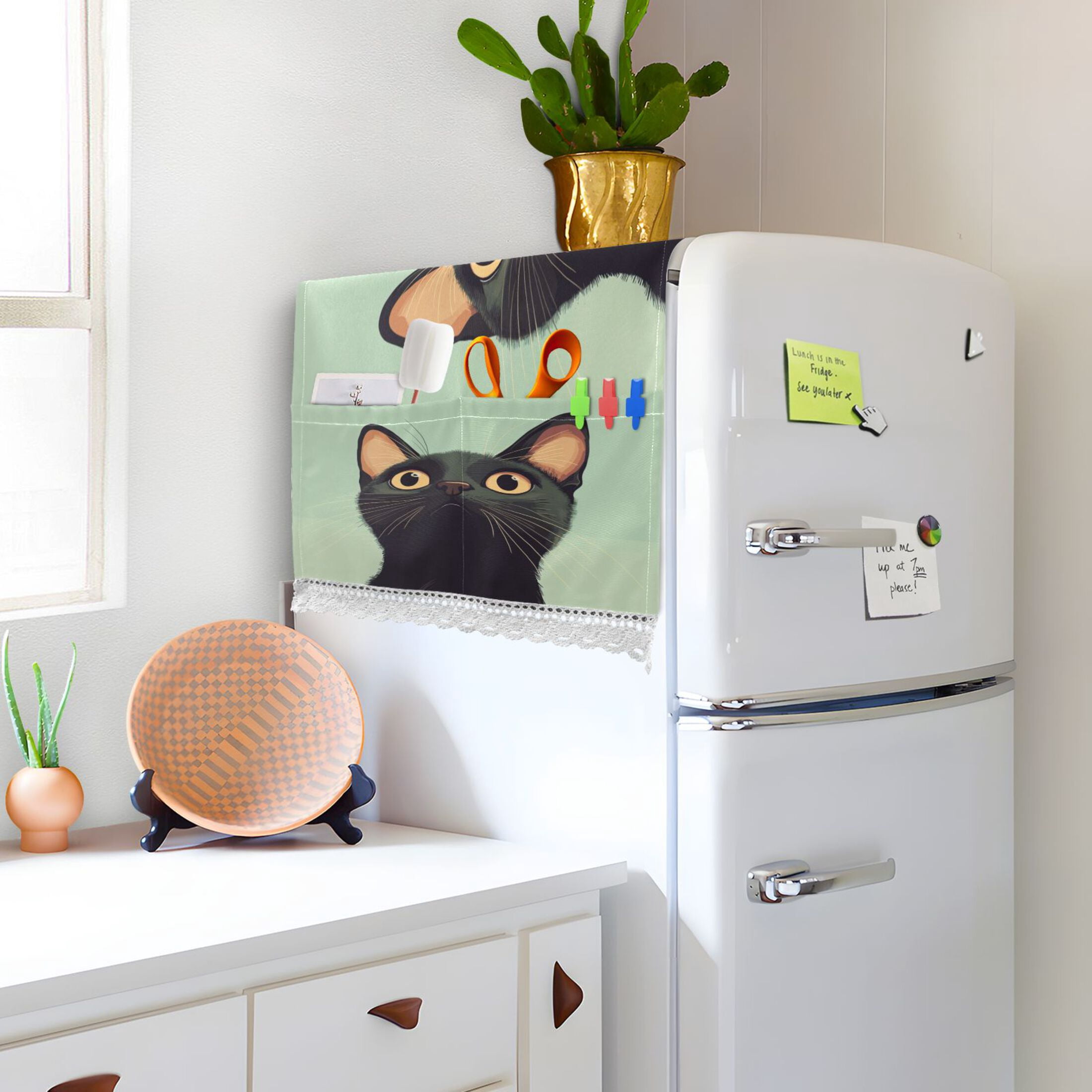 Cute Curious CatWasher and Dryer Covers Dust-Proof and Oil Resistant Fridge Cover with 4 Storage Pockets Washing Machine Top Cover for Laundry Kitchen Home 51.2 x 22 In