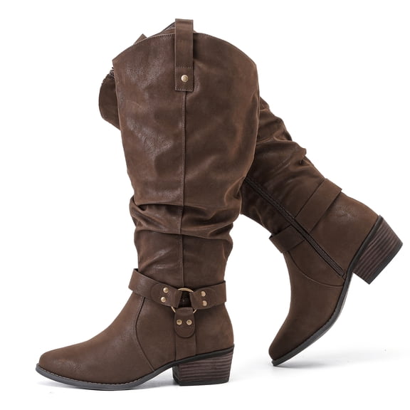 Love Steetly Women's Extra Wide Calf Knee High Boots, Shimmer Faux Suede, O-Ring Harness Accent, Slouchy Shaft Stacked Block Heel Side Zipper Boots.