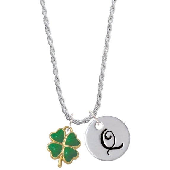 Delight Jewelry Goldtone Opaque Green Lucky Four Leaf Clover Silvertone Script Initial Disc - Q - Charm Necklace, 20"+3"