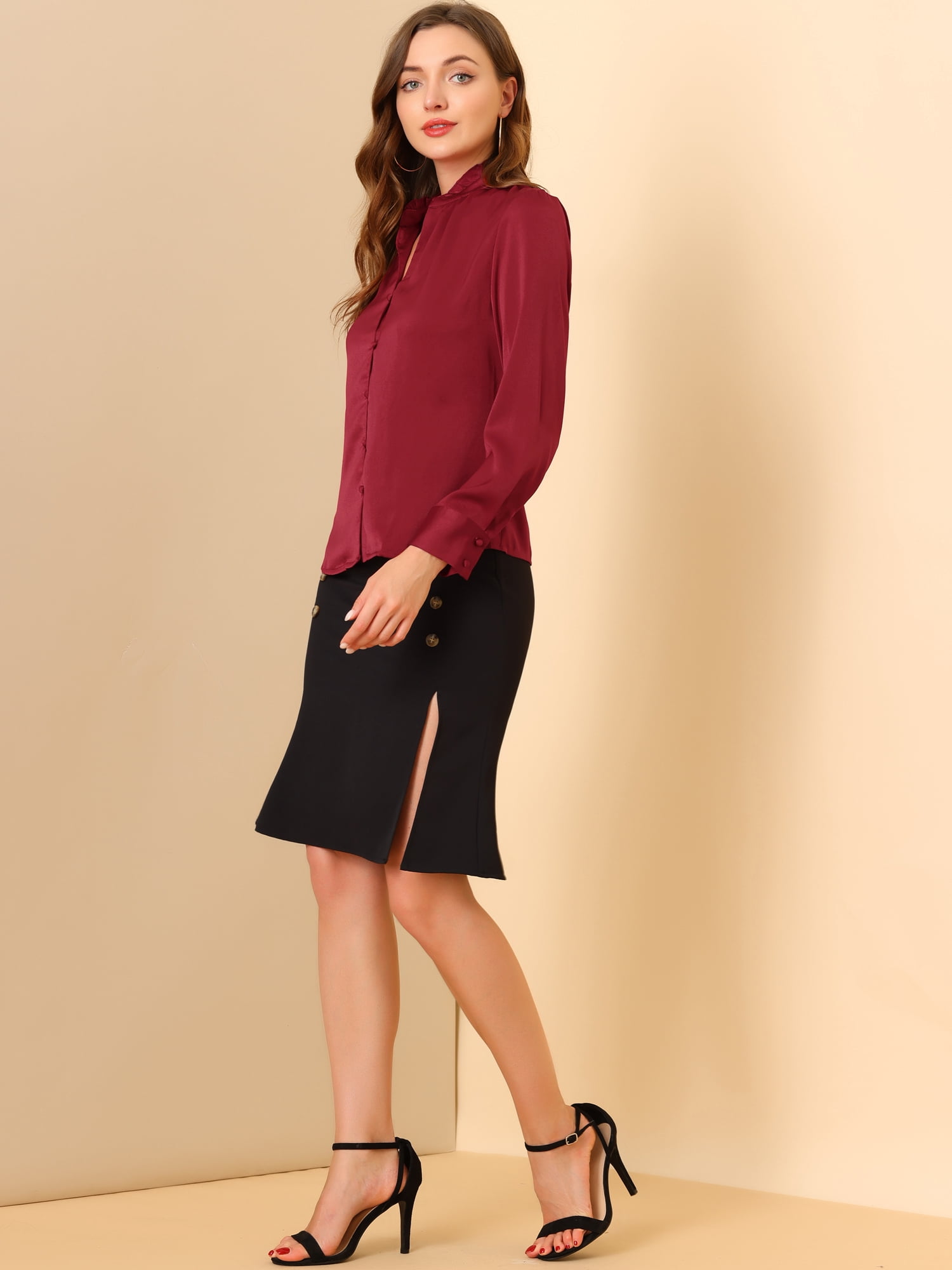 DARING DIVA Ruffled Satin Lantern Long Sleeve Blouse XL Dark Red