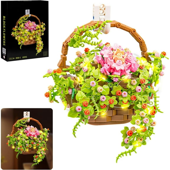 Flower Bouquet Building Set, Flowers Basket Bonsai Plants with Light, Botanical Collection Wall Decor, Creative Building Toy Gift for Adults Kids (691 PCS)