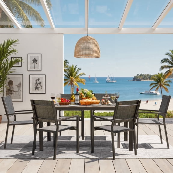 Homall 7-Piece Outdoor Dining Set, 6 Textilene fabric Patio Armchairs & Rectangular Dining Table with Metal Frame, Brown