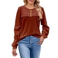 thumbnail image 2 of JYnXIANTI Women's Tops Solid Round Neck Long Sleeve Button T Shirts Ribbed Casual Comfortable Shirts Fall Winter Outfits, 2 of 6