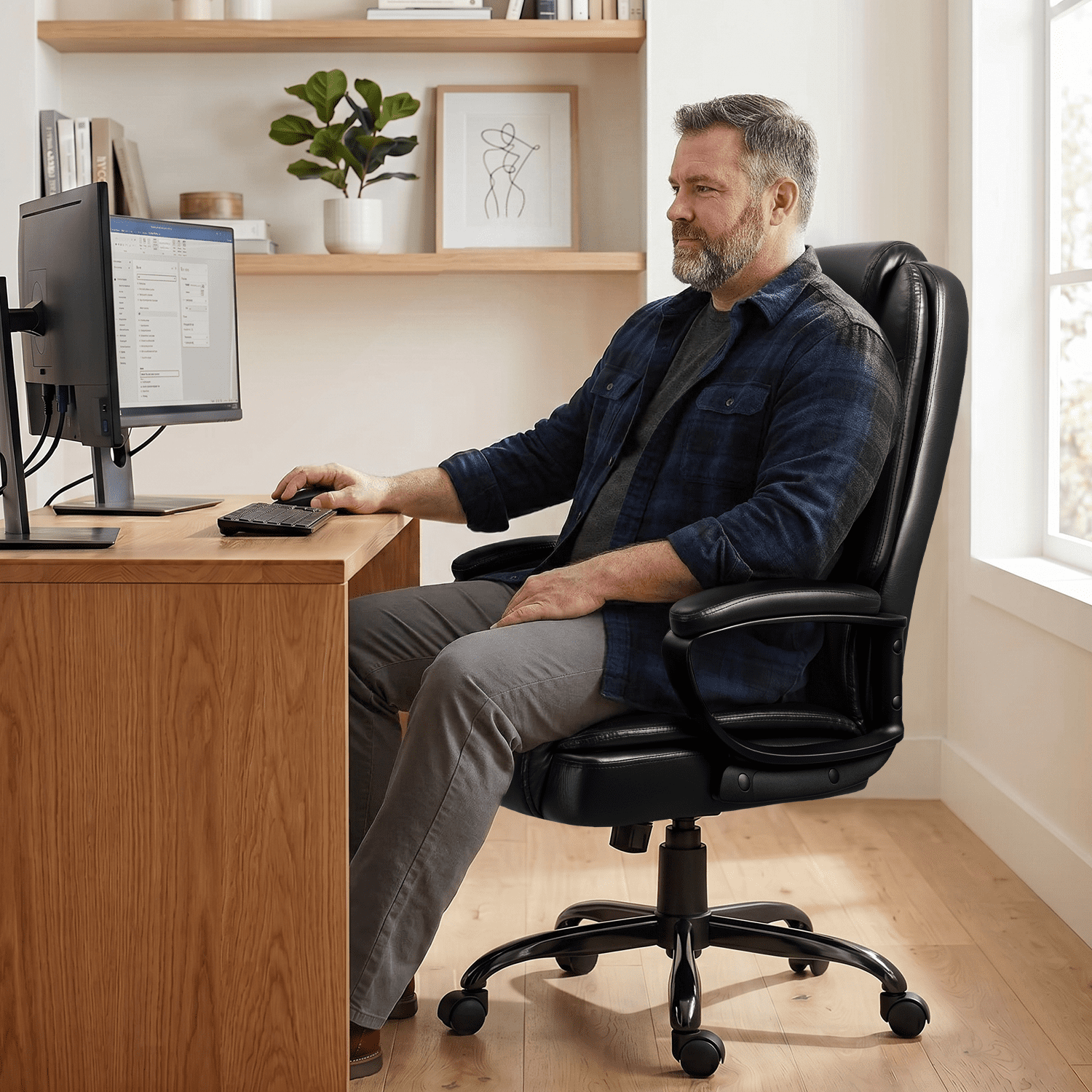 Waleaf Home Office Chair, Big and Tall Desk Chair 8Hours Heavy Duty Design, Ergonomic High Back Cushion Lumbar Back Support, Computer Desk Chair, Adjustable Executive Leather Chair with Arms