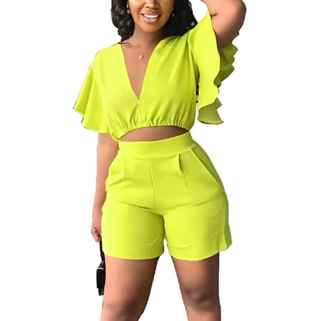 

Lumento Ladies Cropped Top And Shorts Joggers 2 Piece Outfits Baggy High Waisted Pajamas Loose Fit Solid Color Loungwear Fluorescent Yellow L