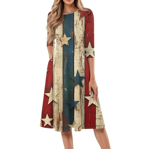 Women's 4th of July Patriotic Dress, Women Round Neck Three-Quarter Sleeve Midi Dress, Independence Day American Flag Printed Dress, Loose Fit Bohemian Beach Sundress with Side Pockets,Beige L