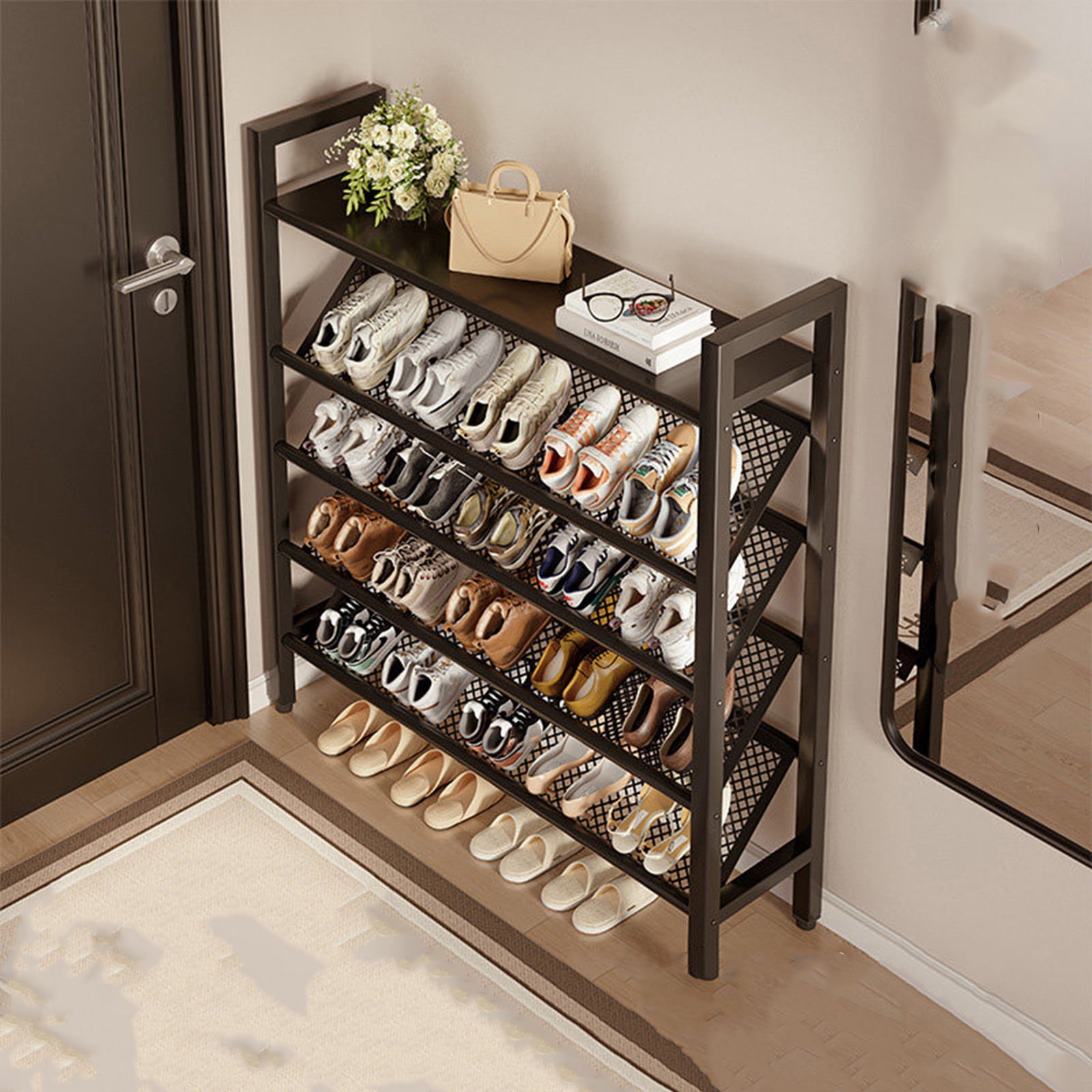 SHegdu Metal Shoe Racks,5-Tier Vertical Narrow Slanted Storage Shelf 25-30 Shoes for Bags Magazine Jewelry Display (Black, 35 inch)