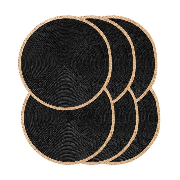 Juego 6 Manteles Individuales Redondos 15" Negro Trenzado | Lavables, Antideslizantes, Resistentes al Calor